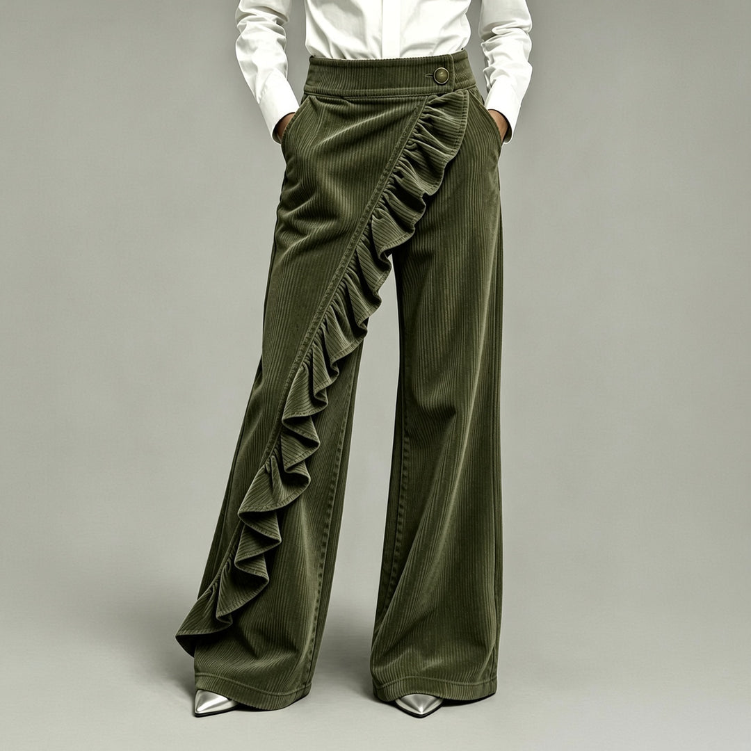 Women’s High-Waisted Ruffle-Overlay Corduroy Wide-Leg Pants