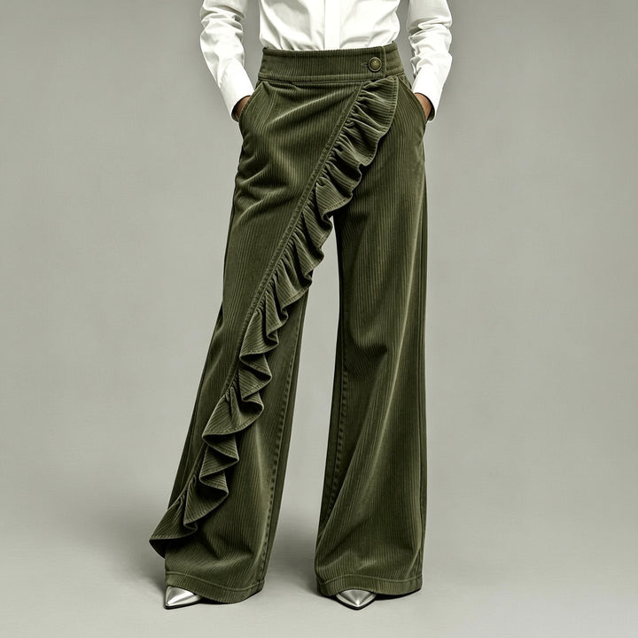 Women’s High-Waisted Ruffle-Overlay Corduroy Wide-Leg Pants