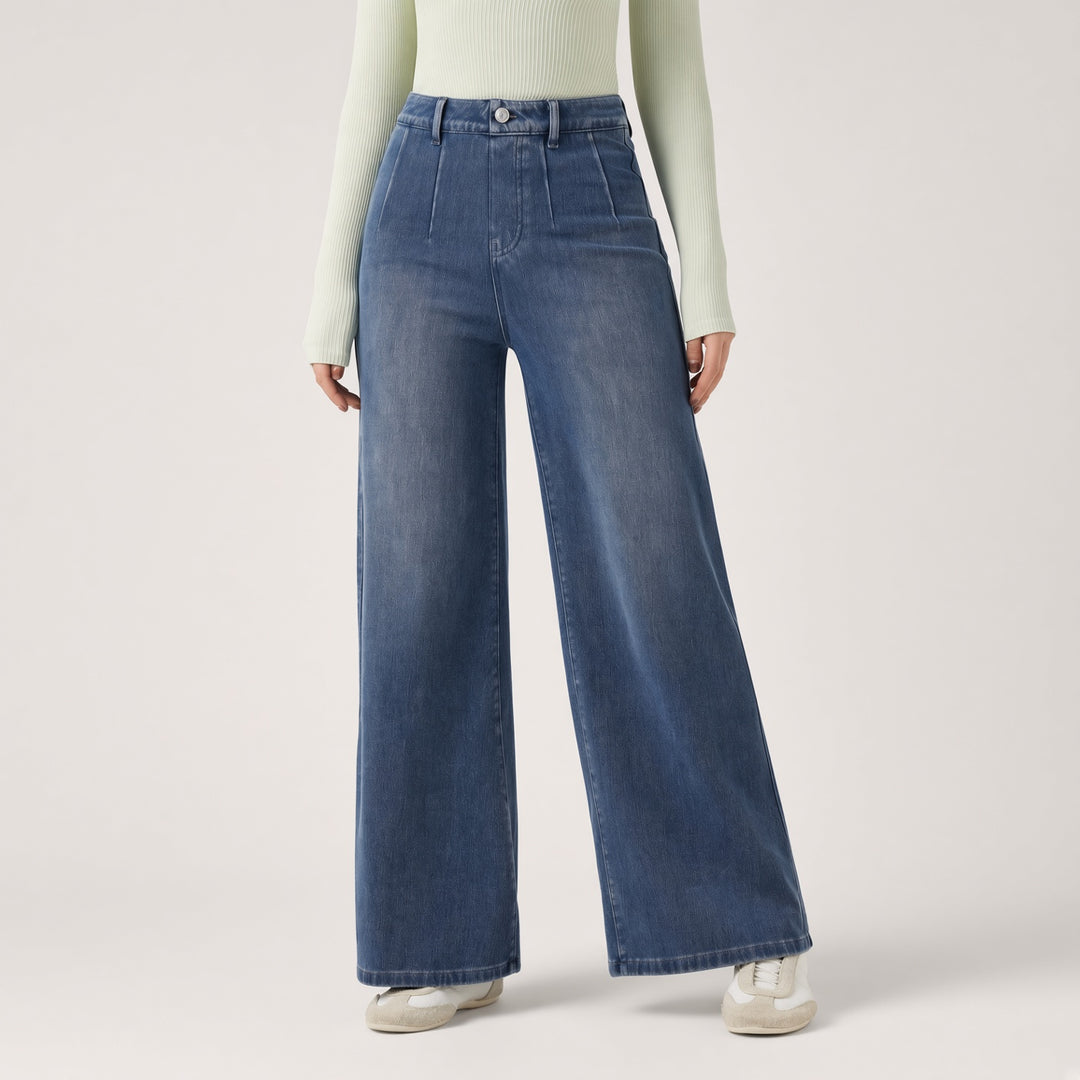 Pleated High-Waist Wide-Leg Jeans