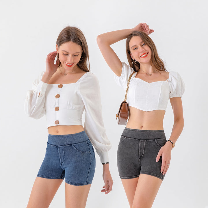 VISSONG Women’s High-Waist Pull-On Stretch Denim Shorts