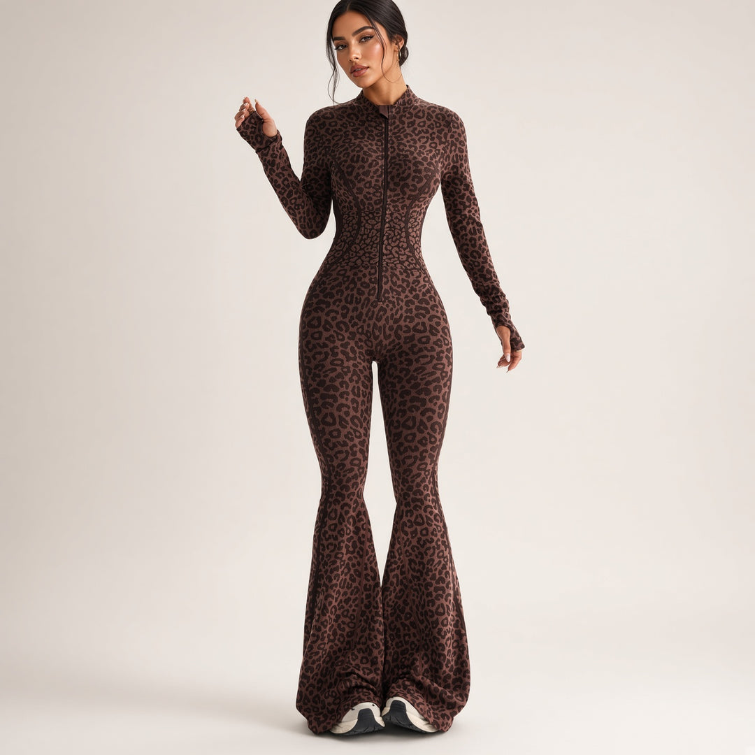 Front-Zip Leopard Flared Jumpsuit