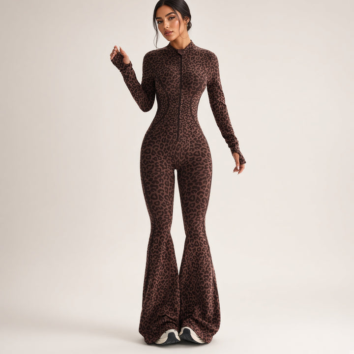 Front-Zip Leopard Flared Jumpsuit
