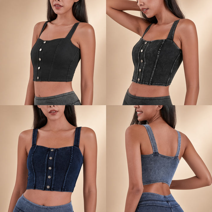 VISSONG Square-Neck Button-Front Denim Crop Top