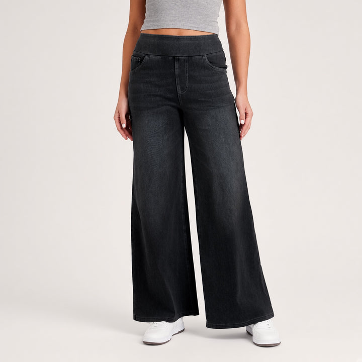 Pull-On High-Waist Wide-Leg Jeans