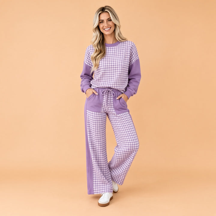 VISSONG Women’s Gingham Colorblock Pullover &amp; Wide-Leg Pants Set