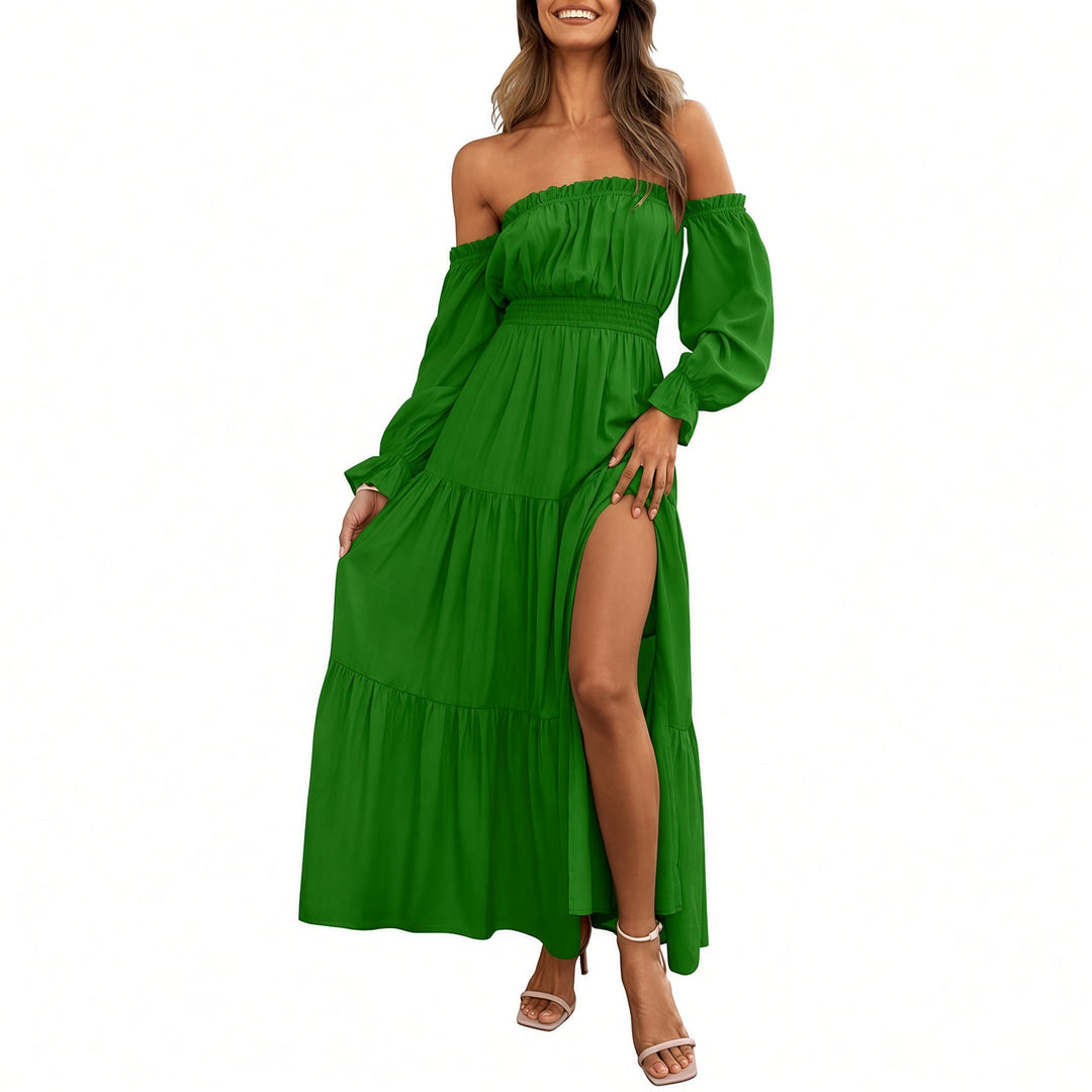 VISSONG Women’s Off-Shoulder Balloon-Sleeve Tiered Slit Maxi Dress
