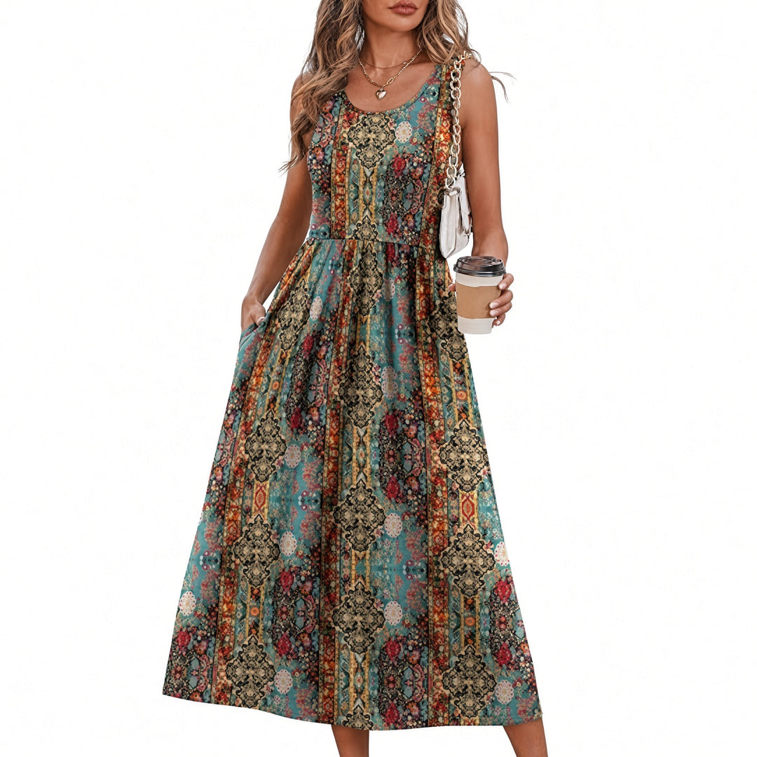 VISSONG Women’s Sleeveless Gathered-Waist Pocket Midi Dress
