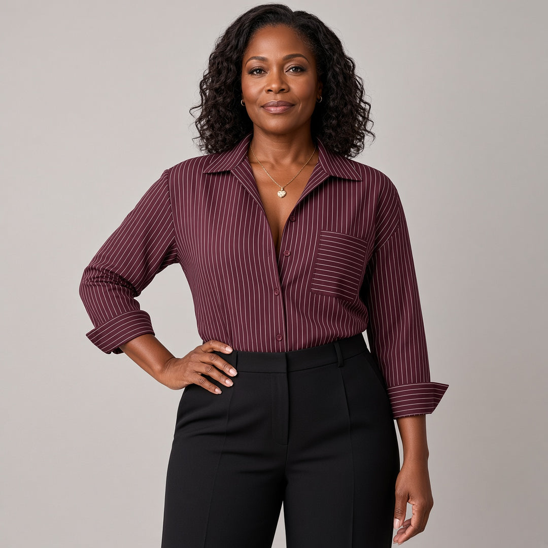VISSONG Women’s Pinstripe Button-Down Shirt Bodysuit