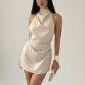 High-Neck Draped Satin Mini Dress