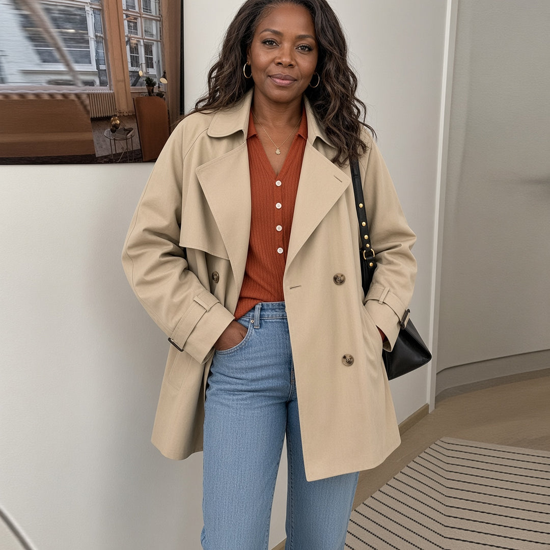 VISSONG Women’s Relaxed Double-Breasted Short Trench Jacket