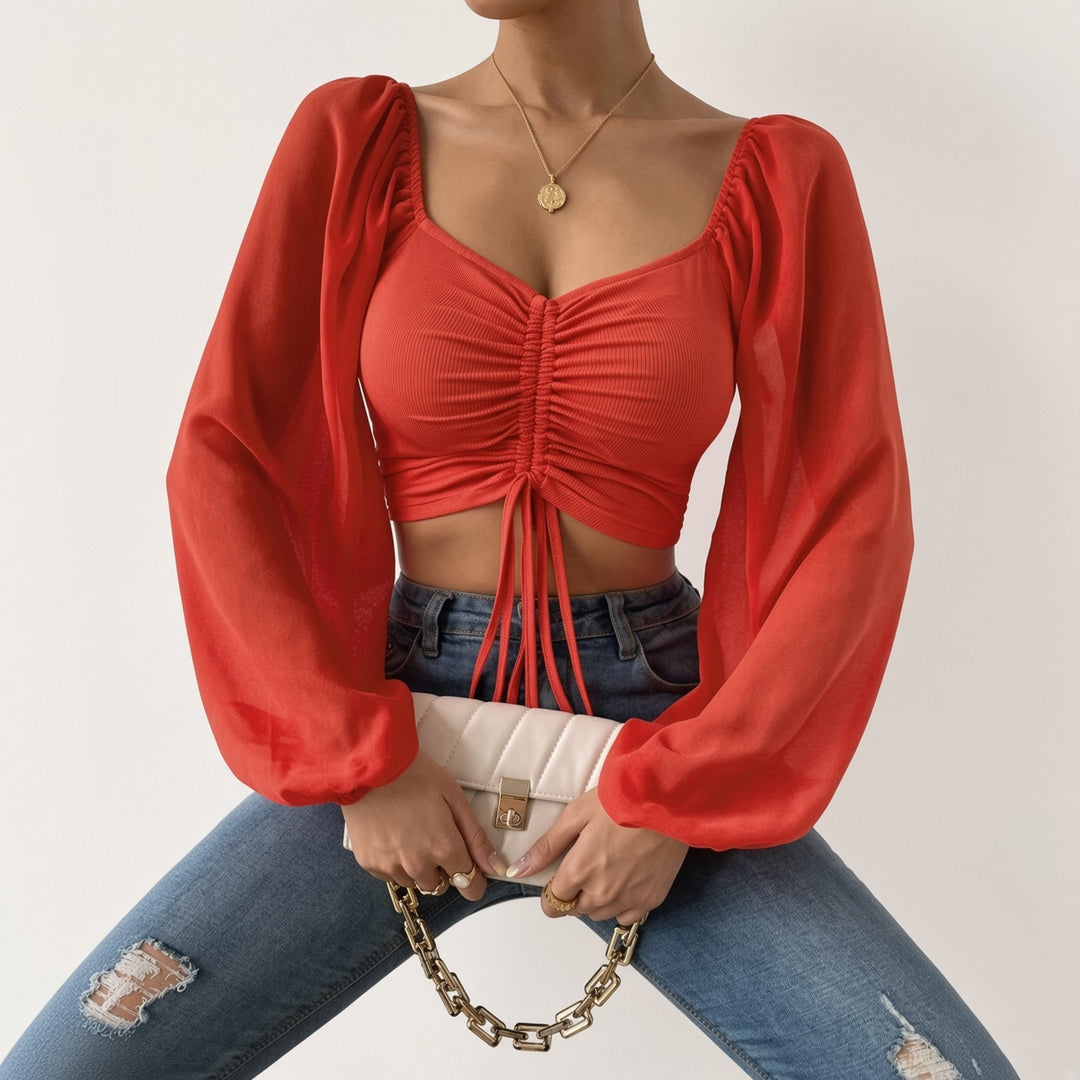 Soft Sheer Puff Sleeve Ruched Crop Top