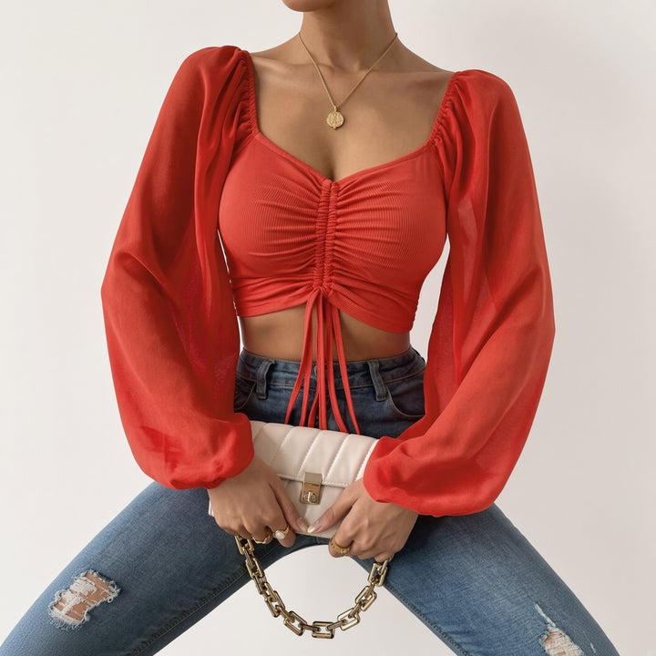 Soft Sheer Puff Sleeve Ruched Crop Top