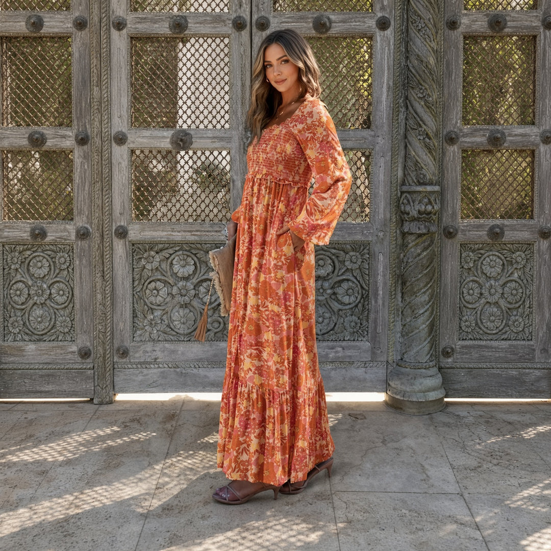 VISSONG Women’s Printed Smocked-Bodice Long-Sleeve Maxi Dress