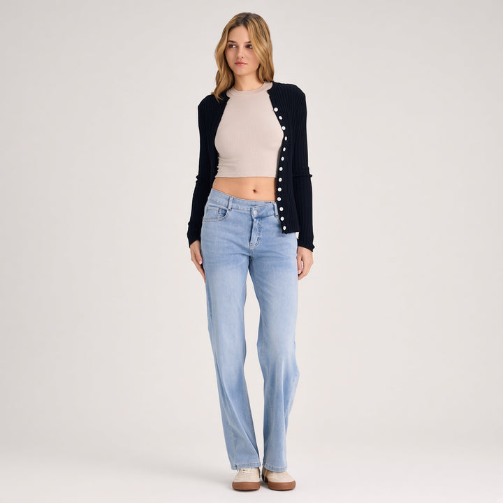 Crossover-Waist Straight-Leg Jeans