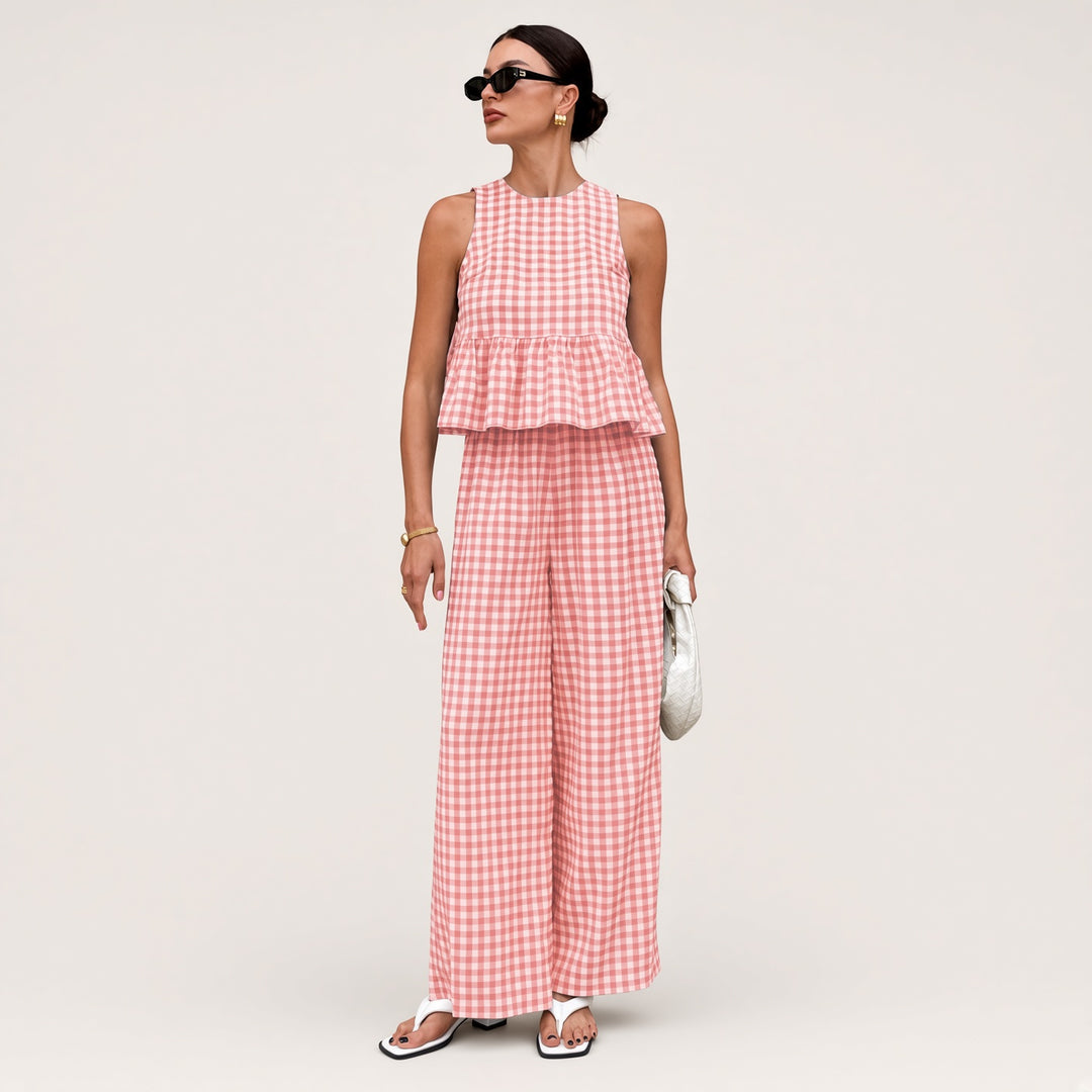Gingham Peplum Top &amp; Wide-Leg Pants Set