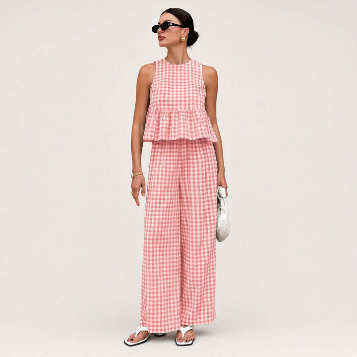 Gingham Peplum Top &amp; Wide-Leg Pants Set