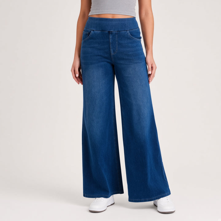 Pull-On High-Waist Wide-Leg Jeans