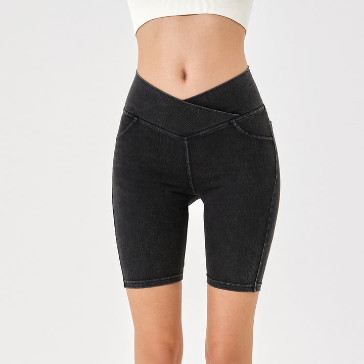 VISSONG Women’s Crossover Waist Denim Biker Shorts