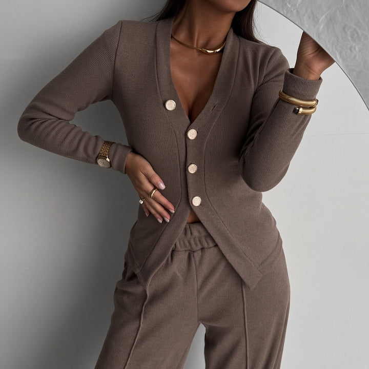 Women’s Ribbed Button-Front Cardigan &amp; Wide-Leg Pants Set