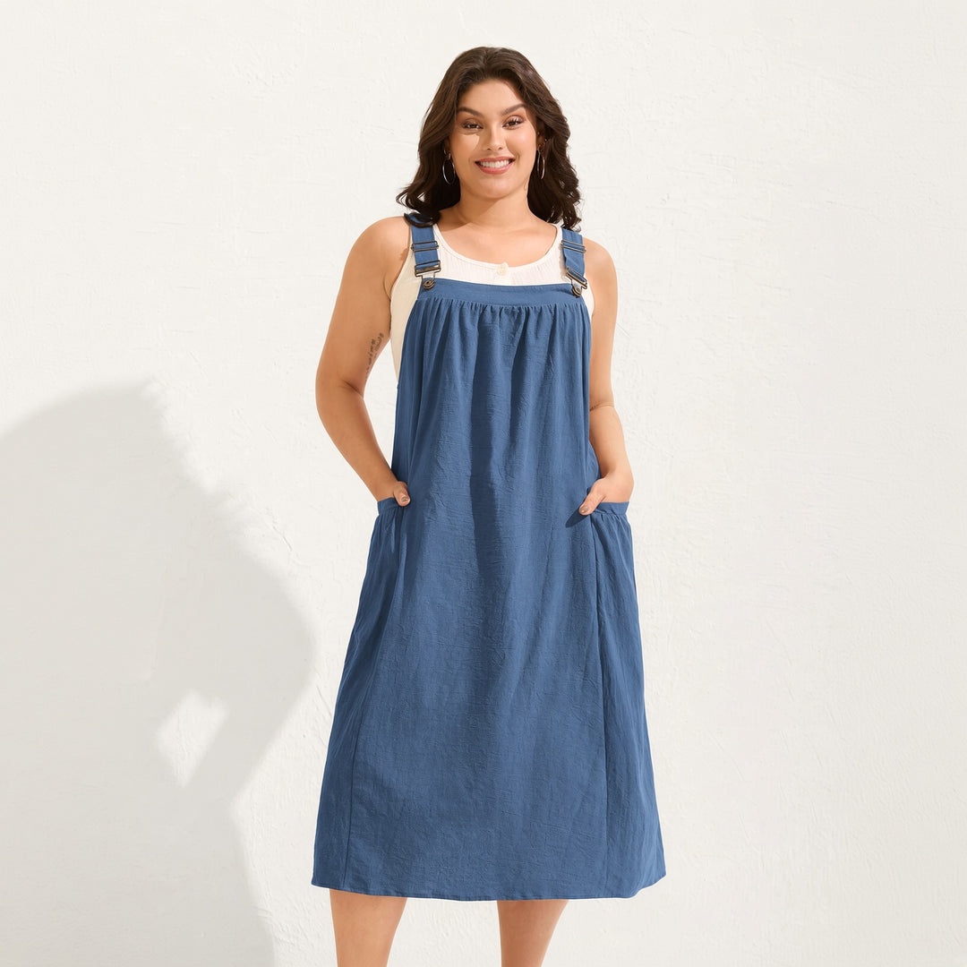 Women’s Cotton Buckle-Strap Gathered Pocket Pinafore Dress
