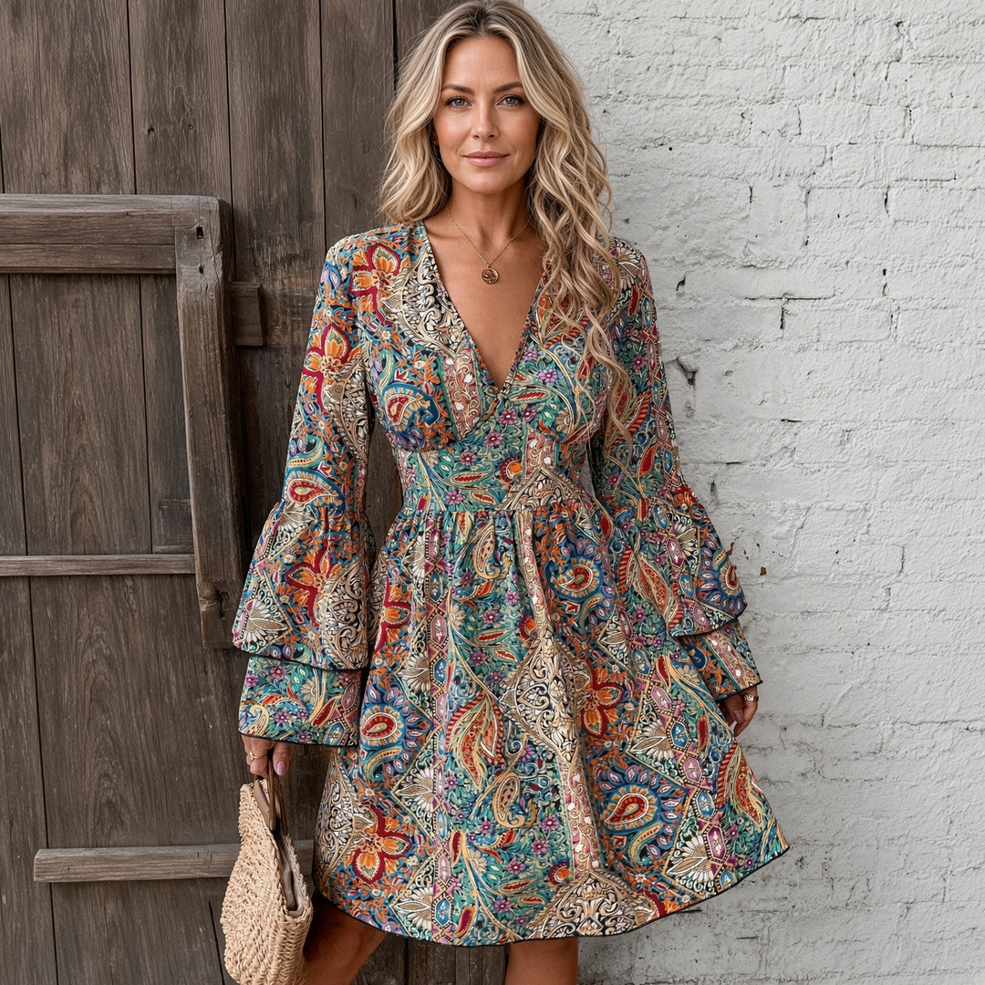 VISSONG Women’s Mosaic Paisley V-Neck Bell-Sleeve Mini Dress