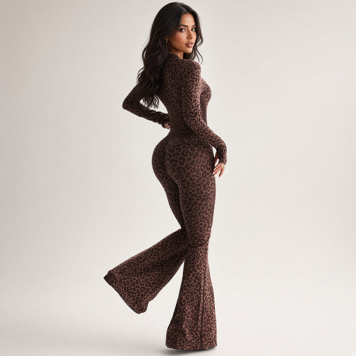 Front-Zip Leopard Flared Jumpsuit