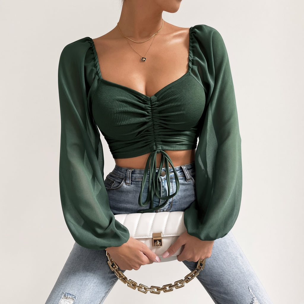Soft Sheer Puff Sleeve Ruched Crop Top