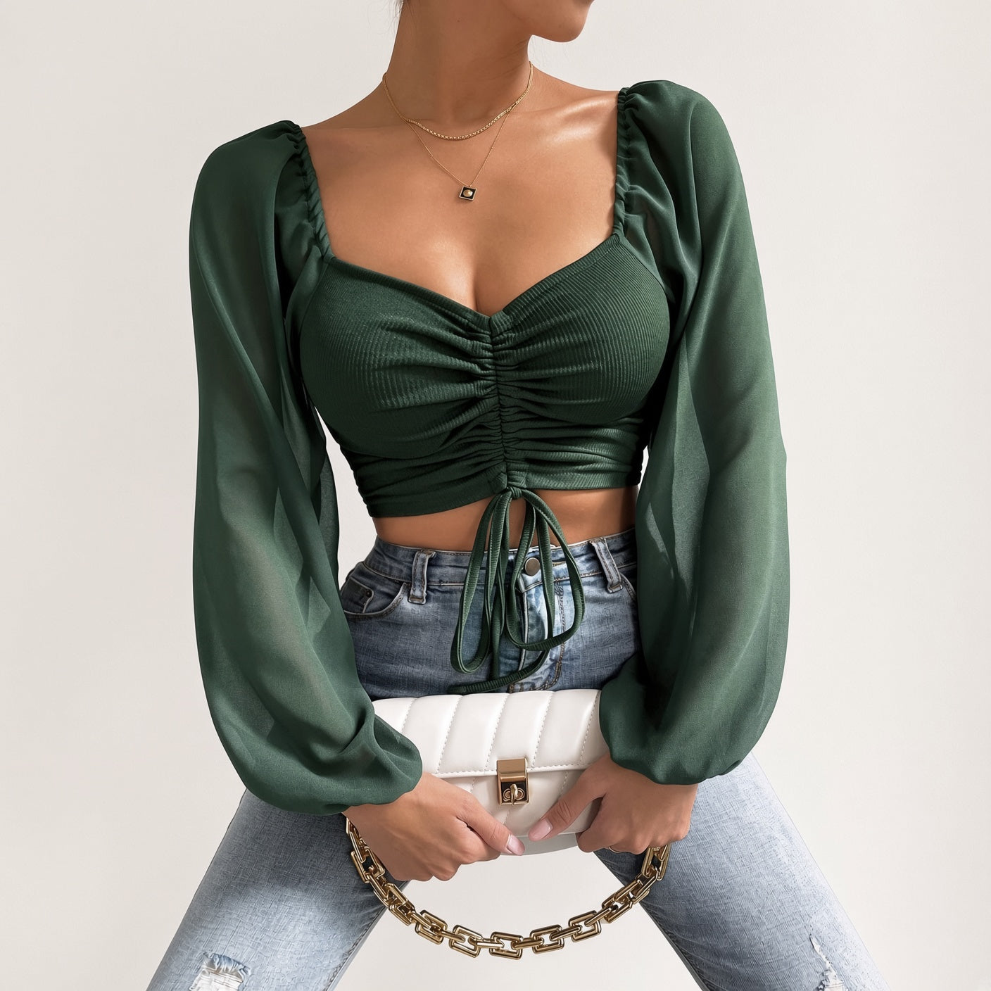 Soft Sheer Puff Sleeve Ruched Crop Top