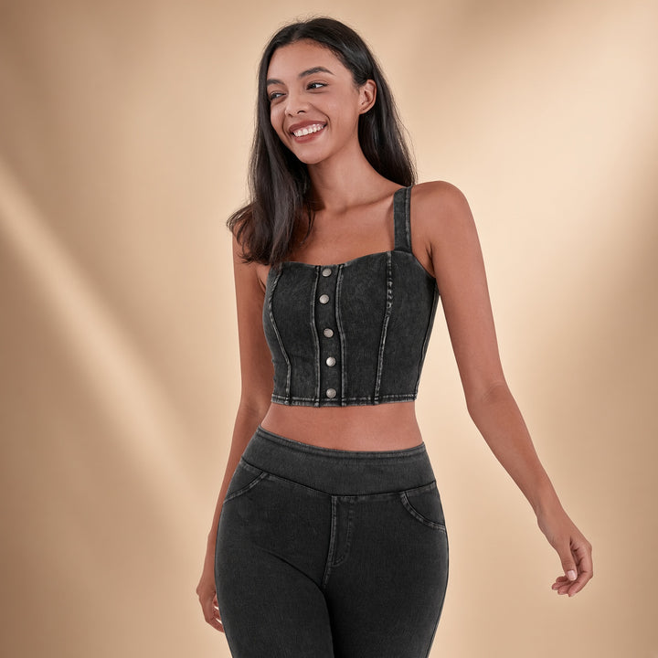 VISSONG Square-Neck Button-Front Denim Crop Top