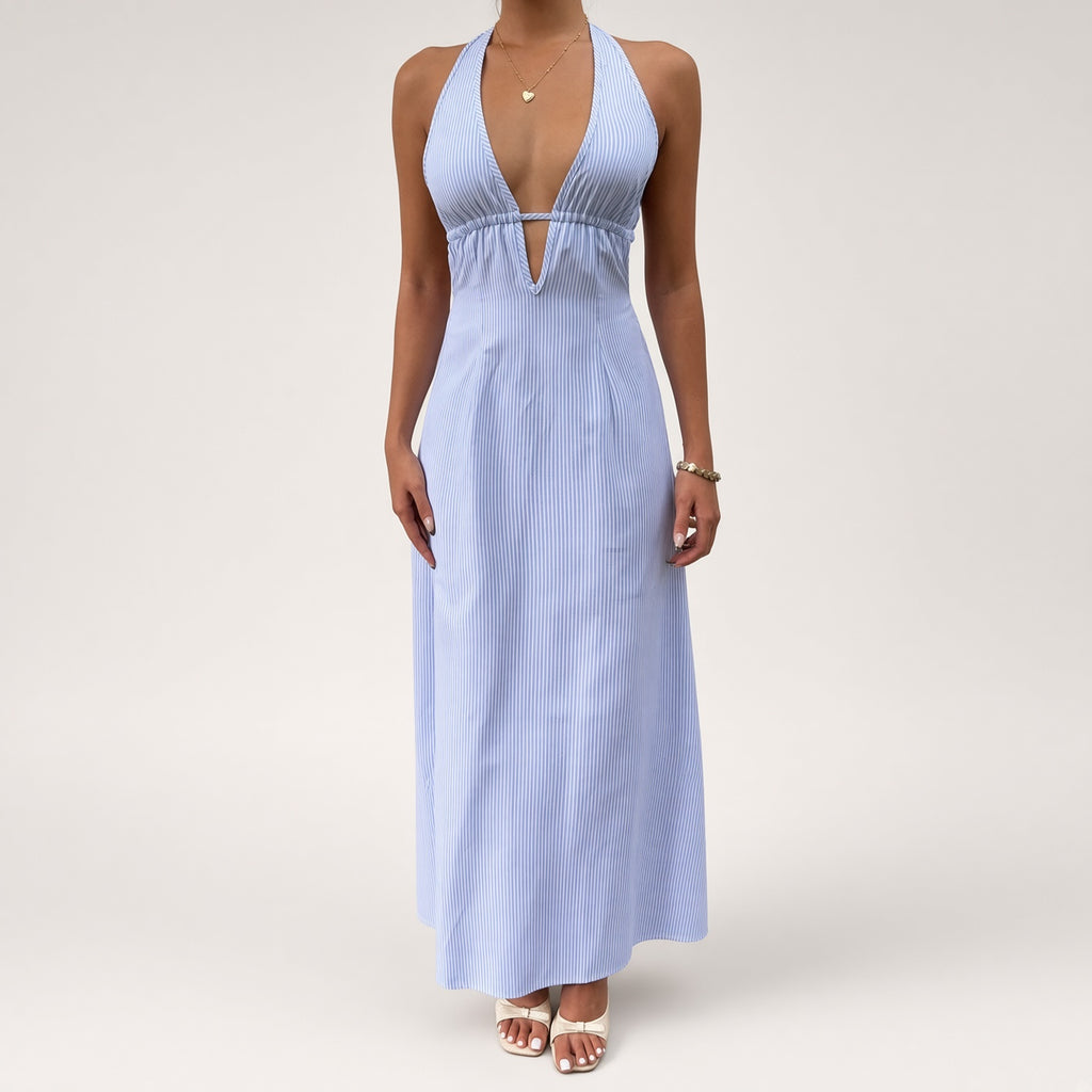 Striped Cutout Halter Maxi Dress