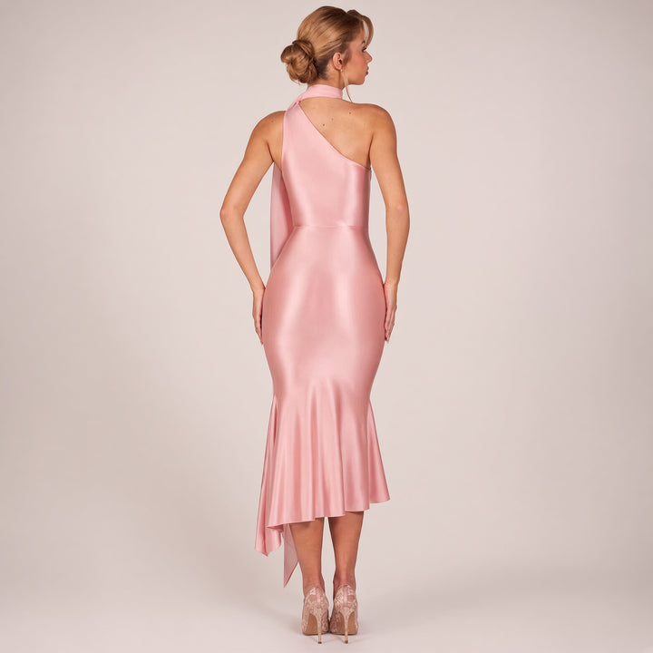 Draped Scarf-Neck Asymmetric Midi Dress