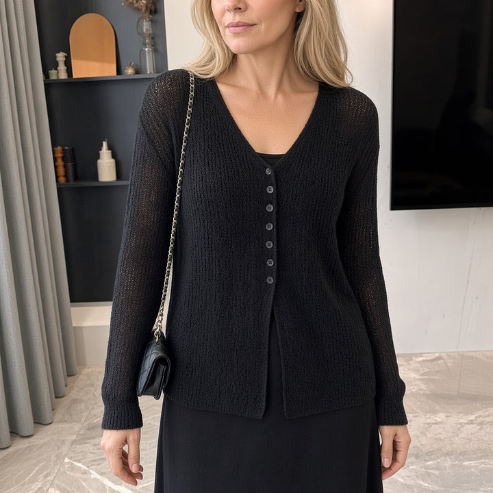 VISSONG Women’s Airy Open-Knit V-Neck Button Cardigan
