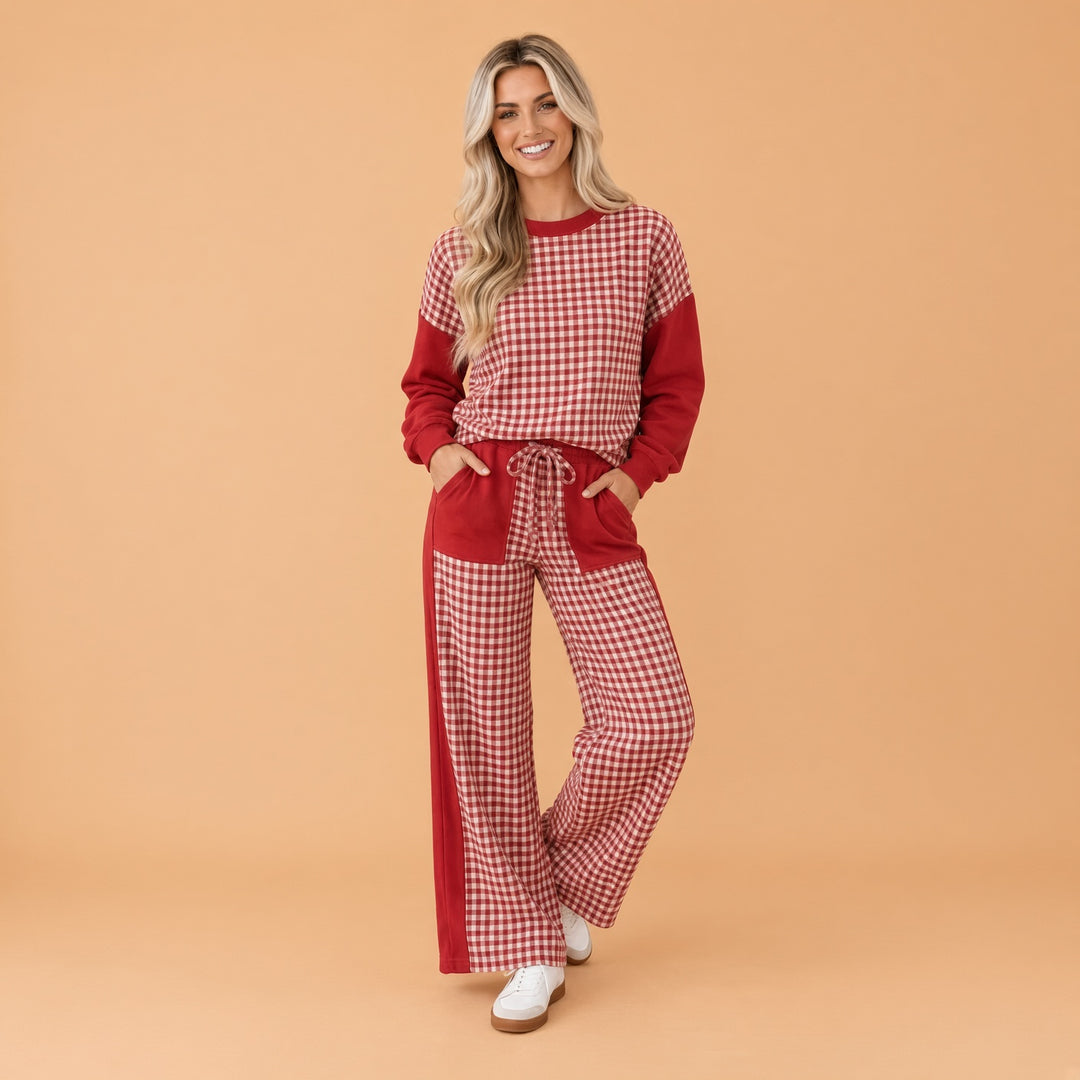 VISSONG Women’s Gingham Colorblock Pullover &amp; Wide-Leg Pants Set