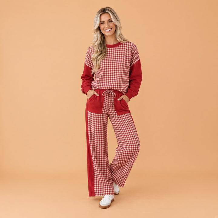 VISSONG Women’s Gingham Colorblock Pullover &amp; Wide-Leg Pants Set