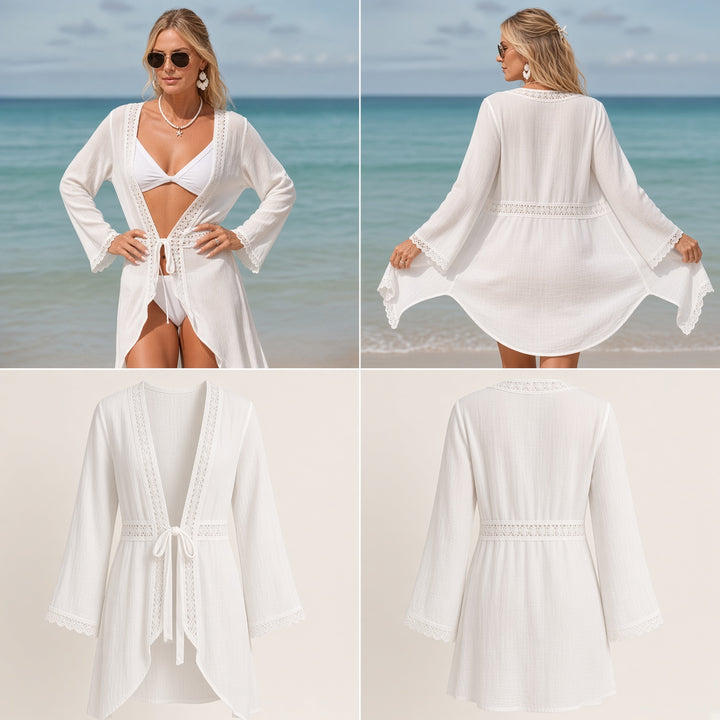 VISSONG Women’s Lace-Trim Tie-Front Ruffle Beach Cover-Up
