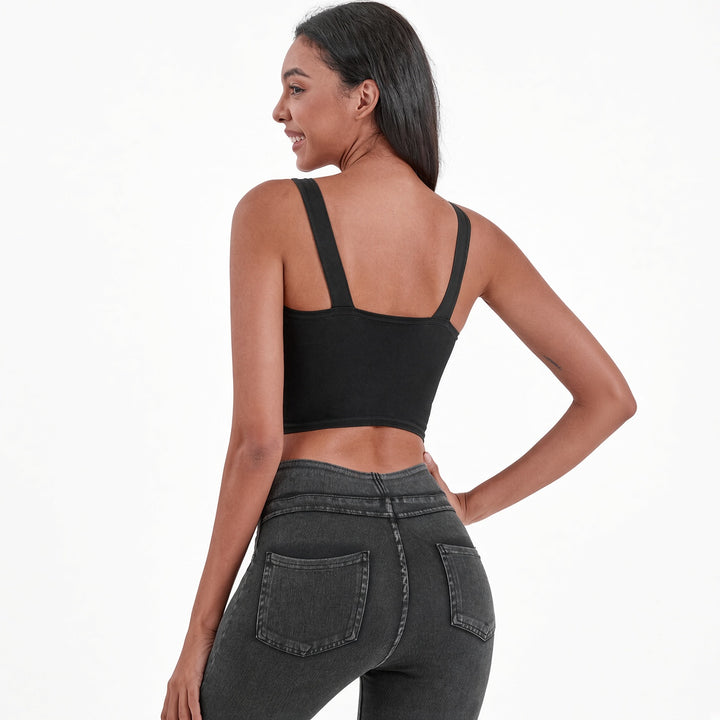 VISSONG Square-Neck Button-Front Denim Crop Top