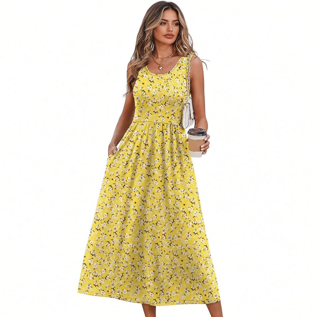VISSONG Women’s Sleeveless Gathered-Waist Pocket Midi Dress