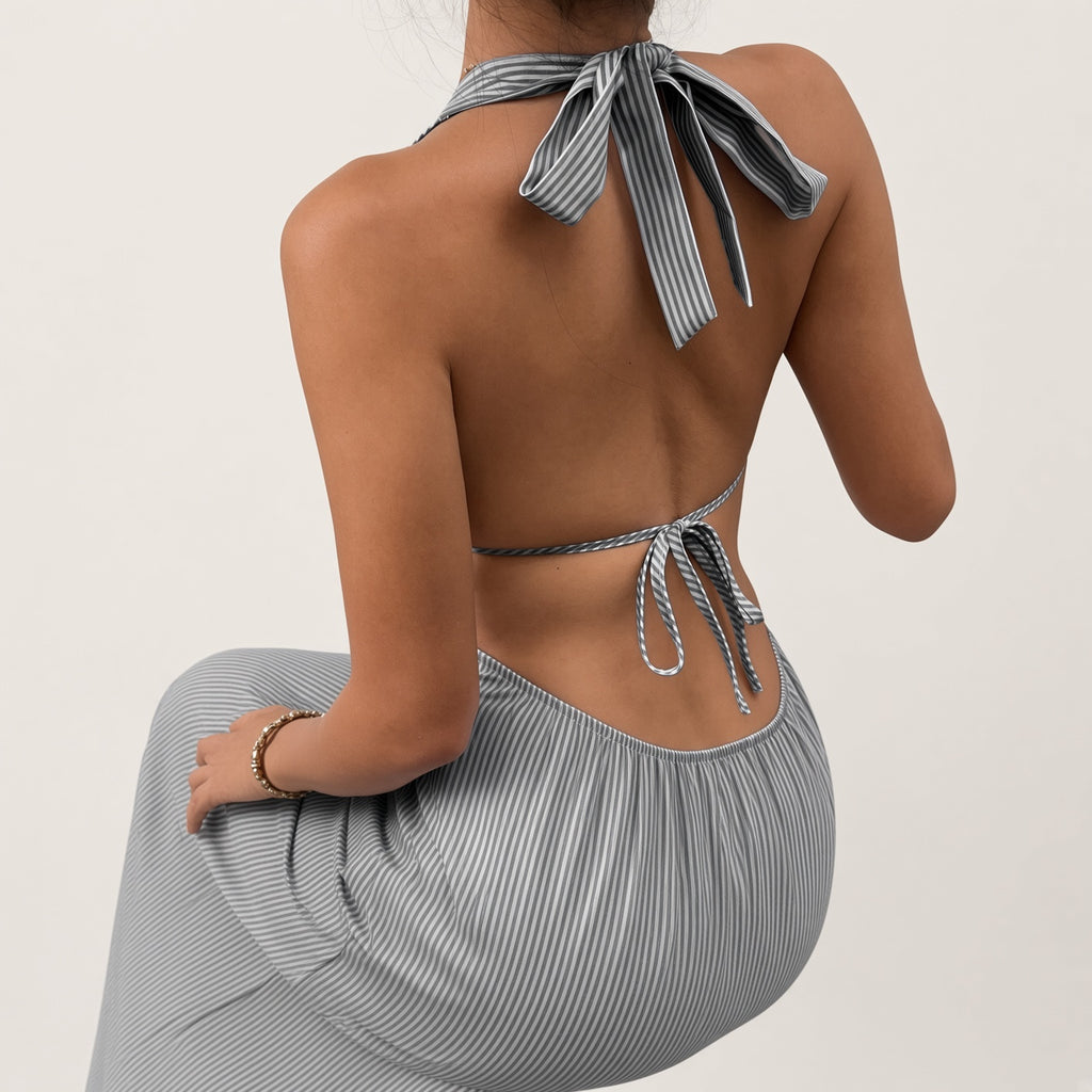 Striped Cutout Halter Maxi Dress