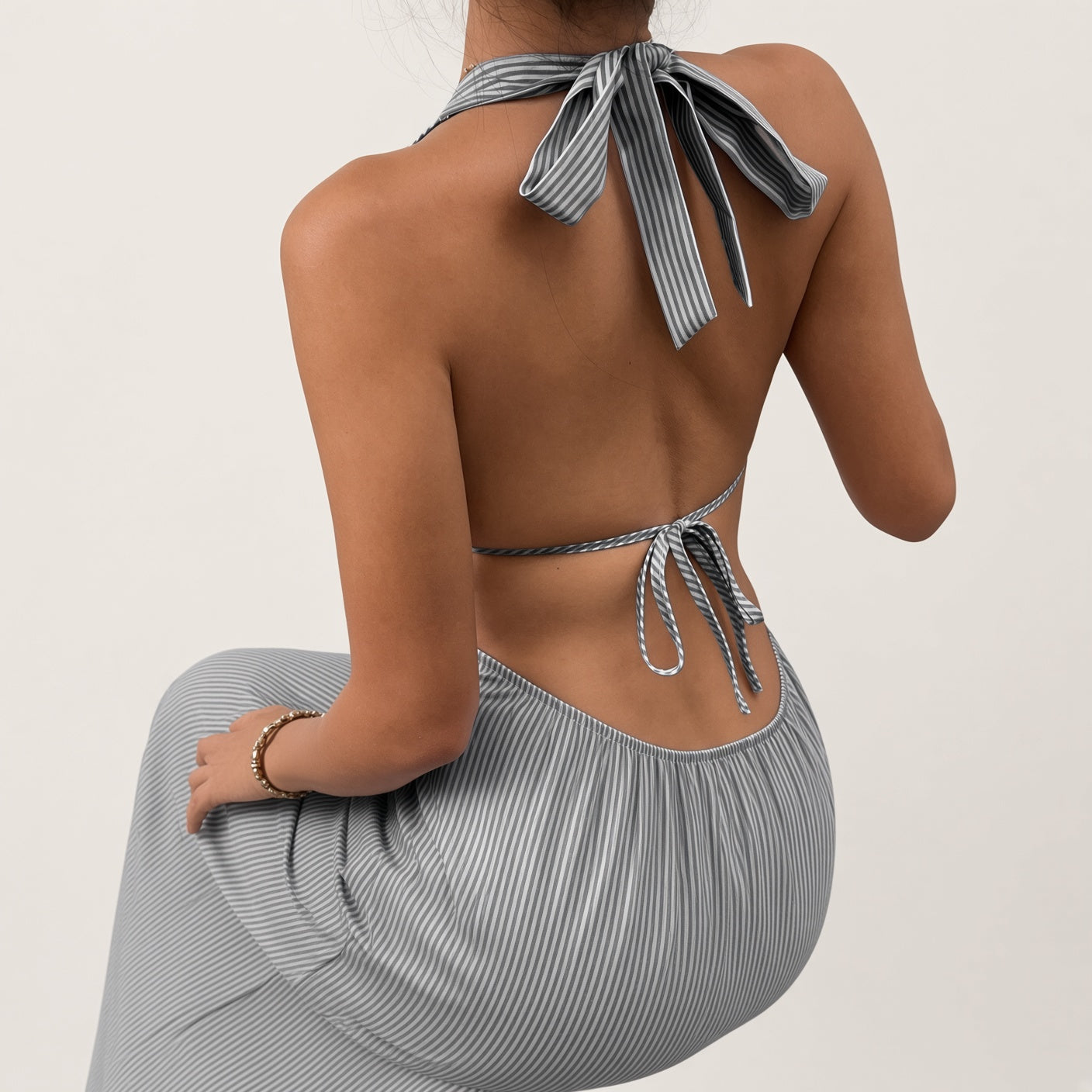Striped Cutout Halter Maxi Dress