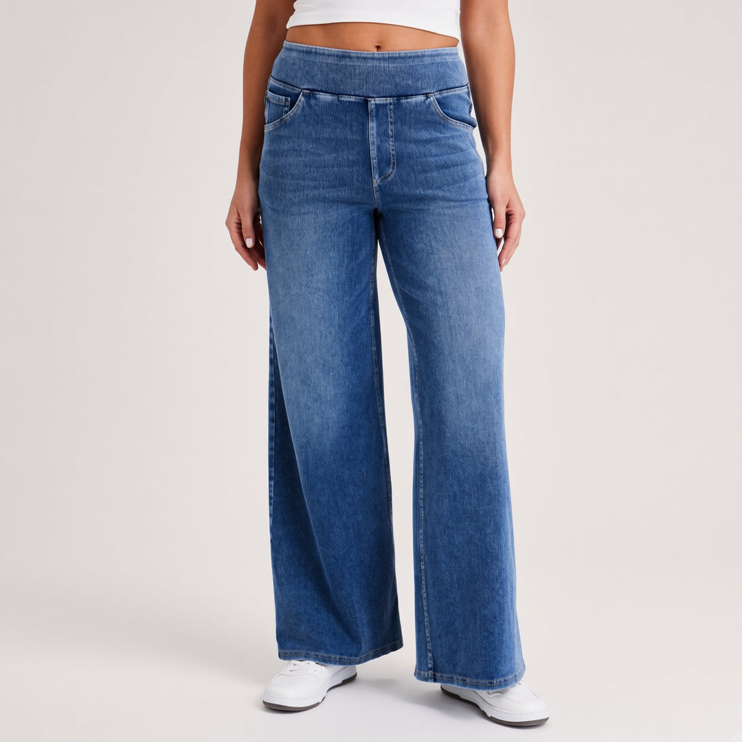 Pull-On High-Waist Wide-Leg Jeans