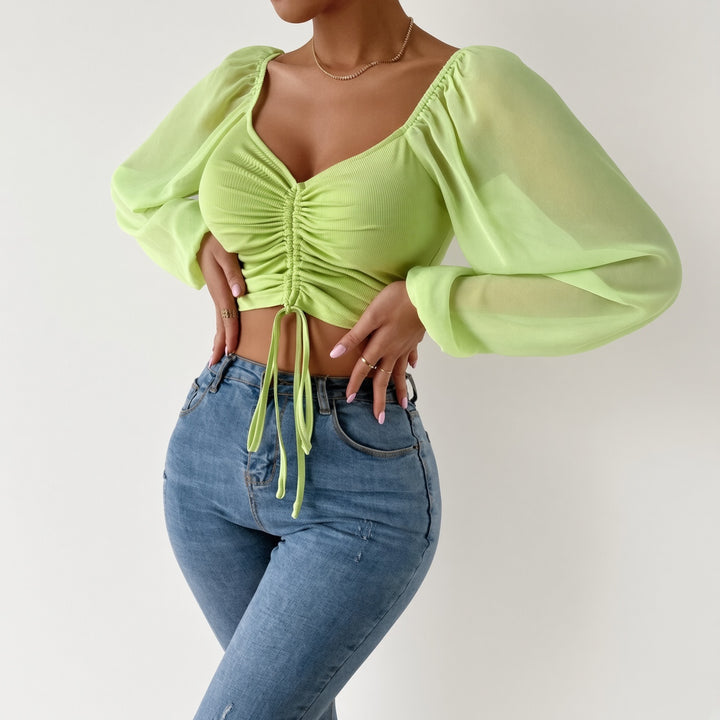 Soft Sheer Puff Sleeve Ruched Crop Top
