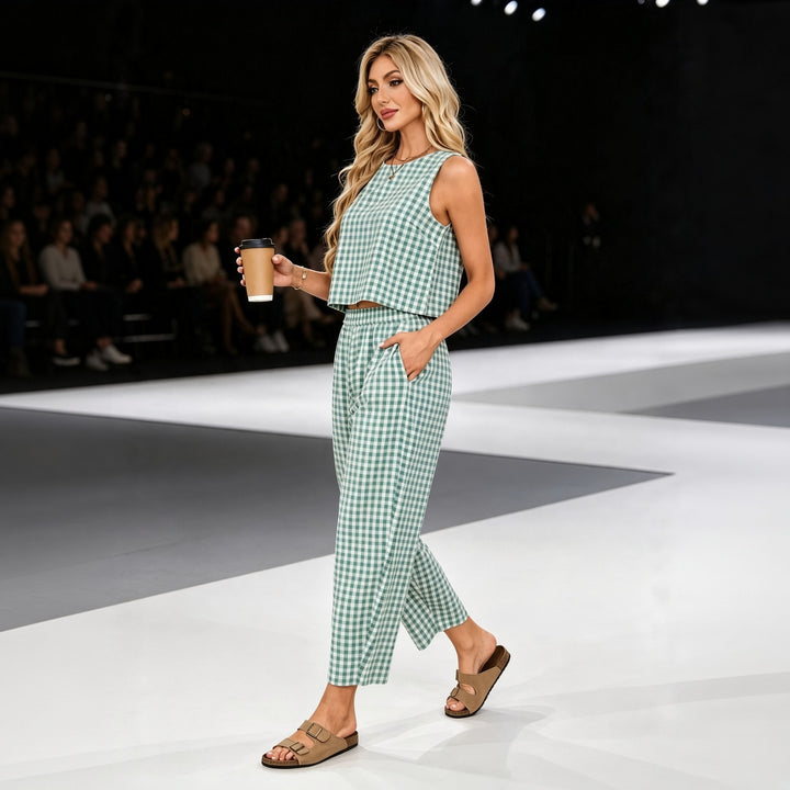 Gingham Sleeveless Top &amp; Relaxed Pants Set