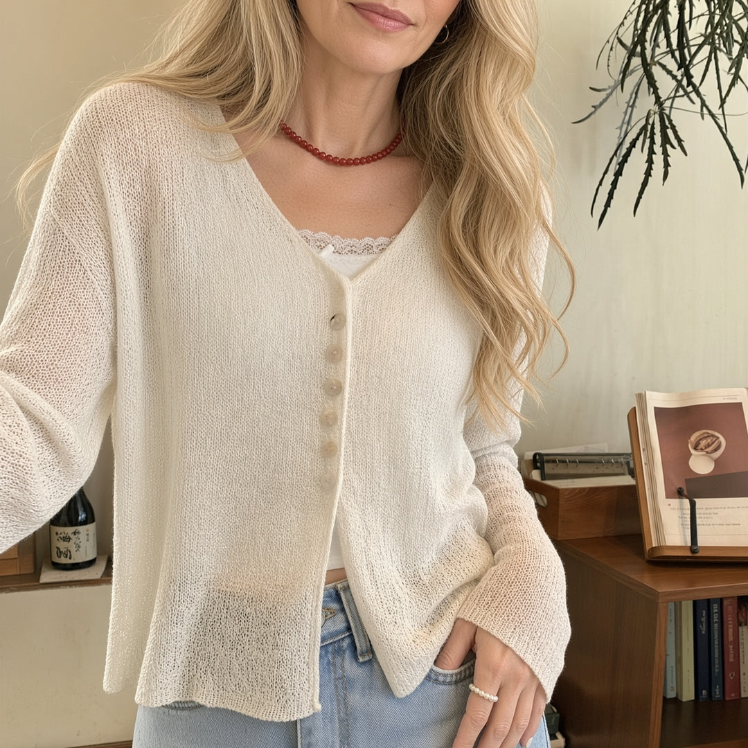 VISSONG Women’s Airy Open-Knit V-Neck Button Cardigan