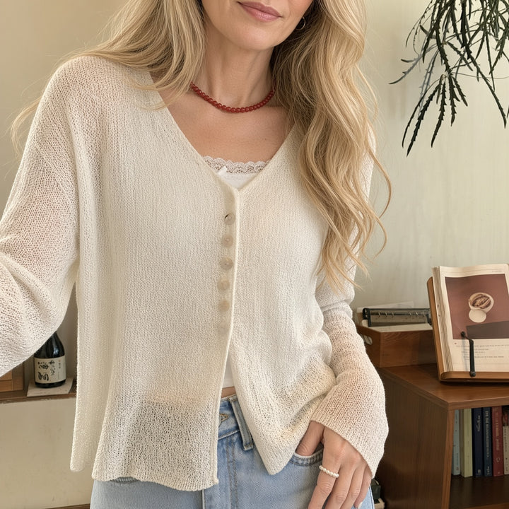 VISSONG Women’s Airy Open-Knit V-Neck Button Cardigan