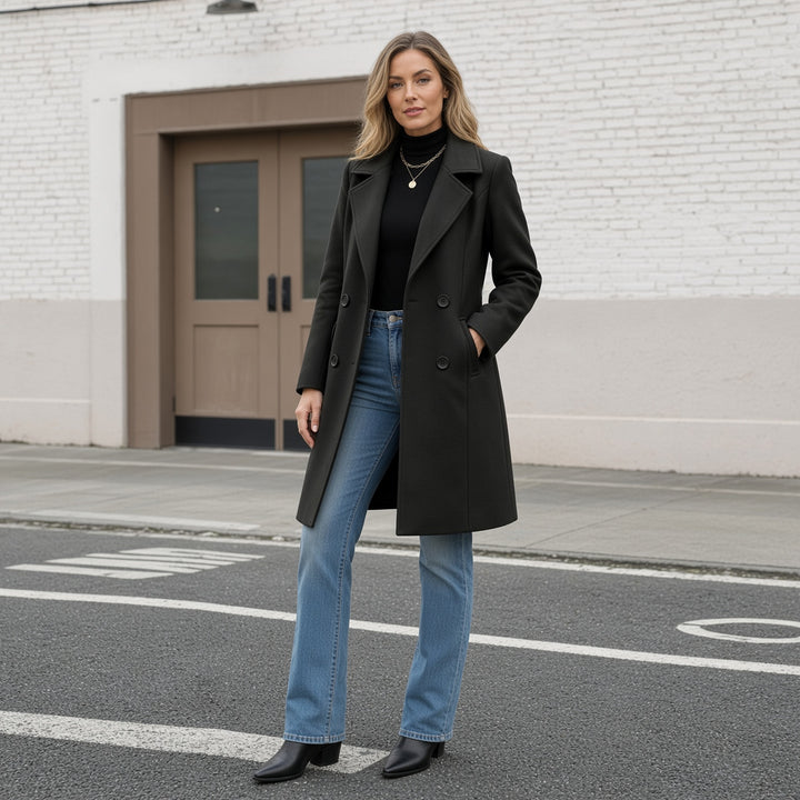VISSONG Women’s Notched-Lapel Double-Breasted Longline Coat