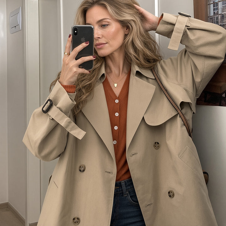 VISSONG Women’s Relaxed Double-Breasted Short Trench Jacket