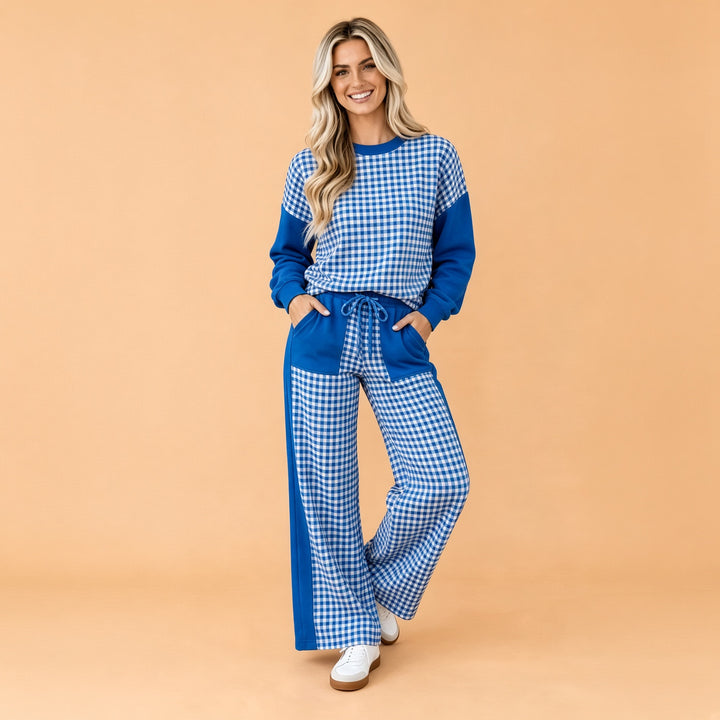 VISSONG Women’s Gingham Colorblock Pullover &amp; Wide-Leg Pants Set