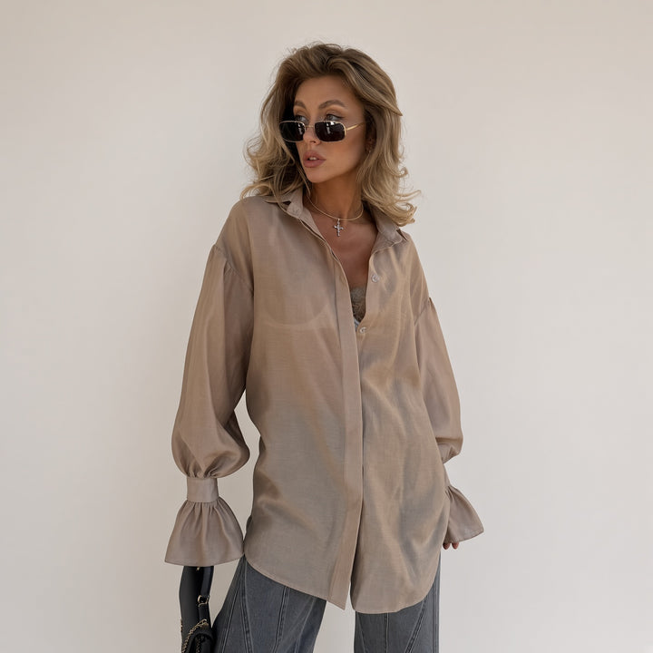 Oversized Ruffle-Cuff Balloon-Sleeve Shirt