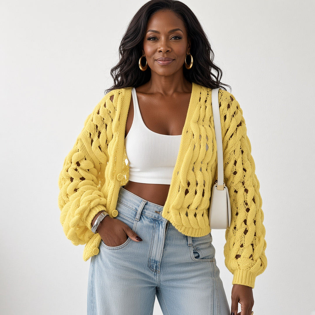 VISSONG Women’s Openwork Cable Knit Balloon Sleeve Cardigan