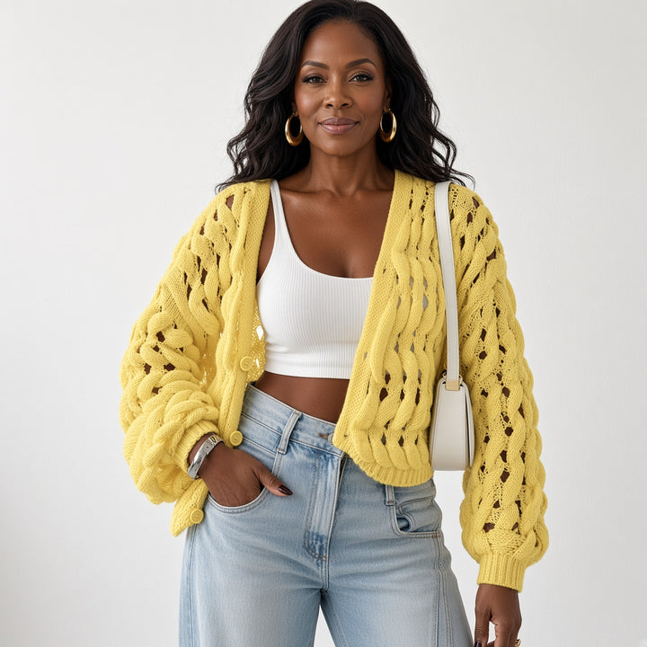 VISSONG Women’s Openwork Cable Knit Balloon Sleeve Cardigan